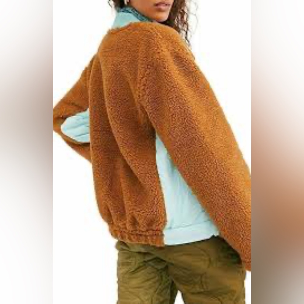 Free People We The Free Rivington Sherpa Jacket Brown Blue Zip Up Sz L - Picture 2 of 11
